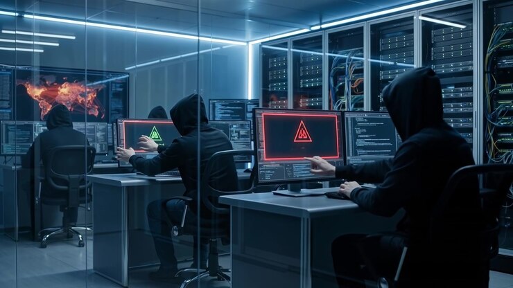 Network security specialists working in a server room with digital world maps on monitors