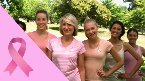 animation of pink breast cancer ribbon over group of smiling women