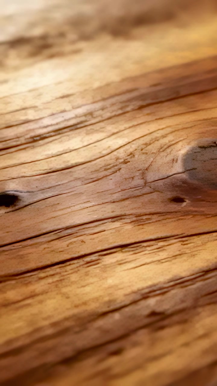 Vertikales Video: Gleitende Kamera fährt nach leichter Neigung über eine Holzplanke an einer Bank, um einen dunklen Astknoten einzufangen.
