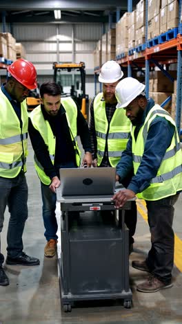 a group of men in safety vests are looking at a laptop in warehouse.