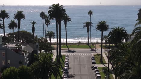 flying through the palm trees to santa monica beach, pacific ocean - aerial reveal