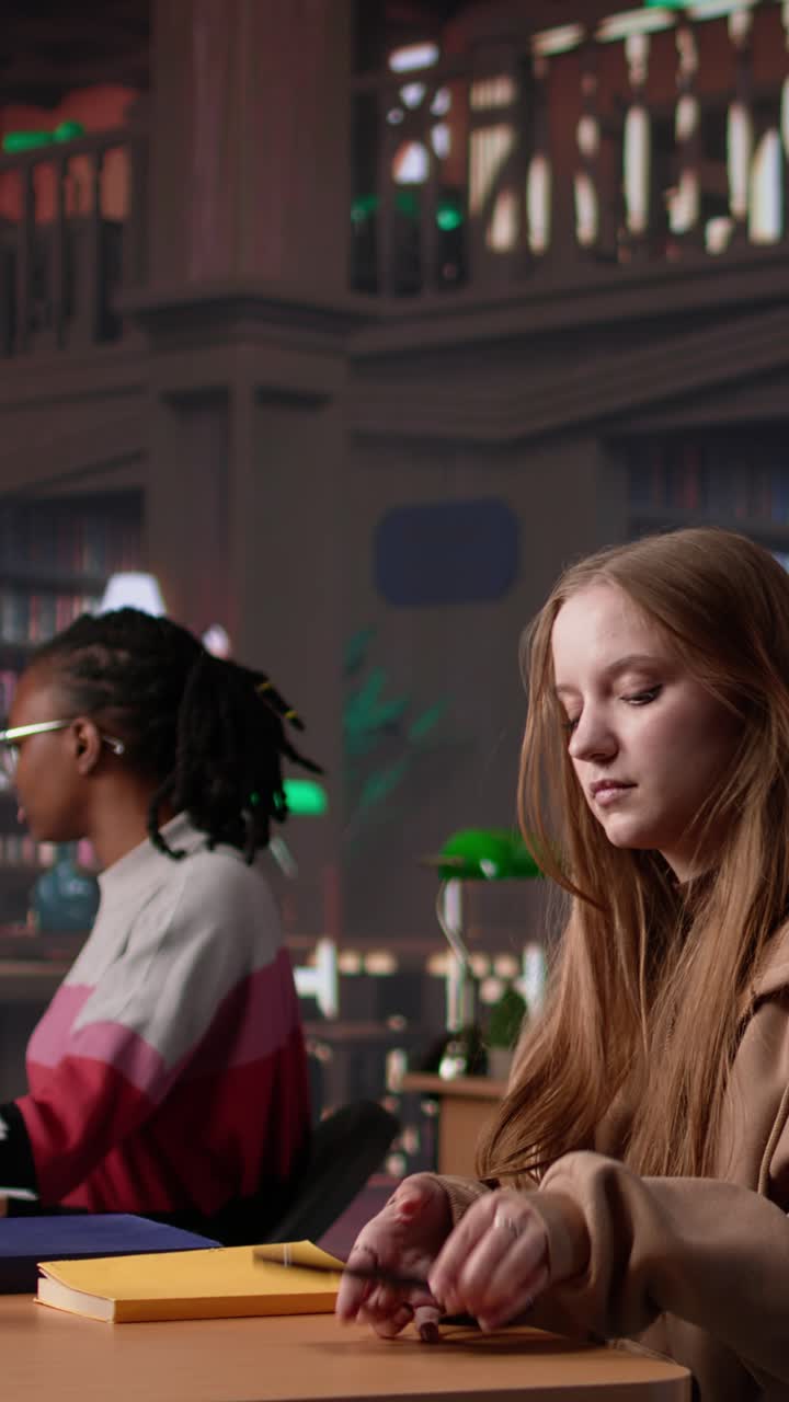 Vertical video noisy girl disturbing students at the library by speaking very loud on call