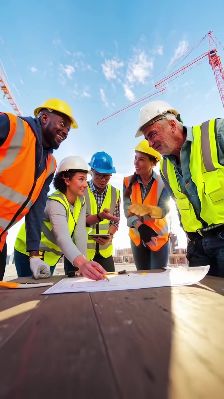 Diverse Construction Team Discussing Blueprints at Building Site