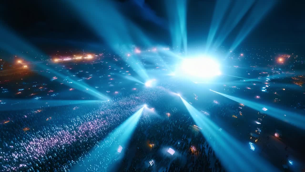 A Spectacular Nighttime Showcase of Lights and Sound at an Outdoor Festival with Throngs of Enthusiastic Attendees Captured from an Aerial Perspective, Highlighting the Vibrancy and Energy of a Memorable Event