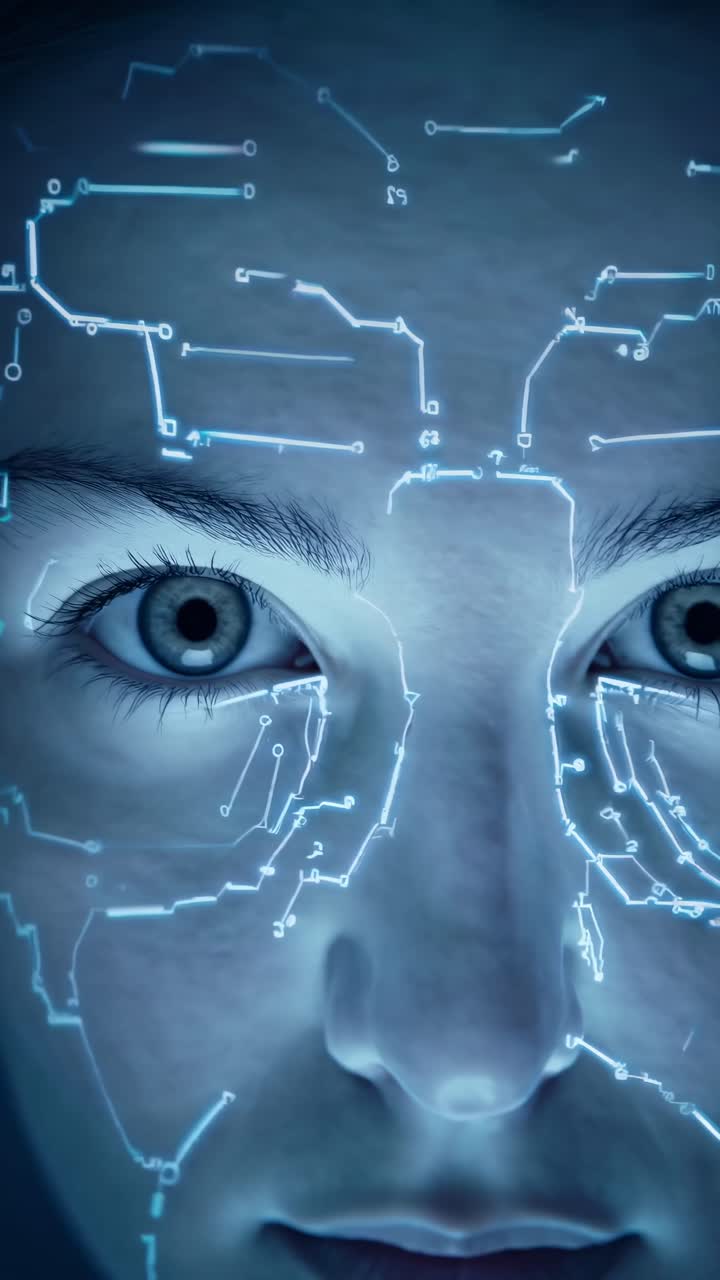 Close-up, futuristic video concept with a face overlaid by digital circuit patterns