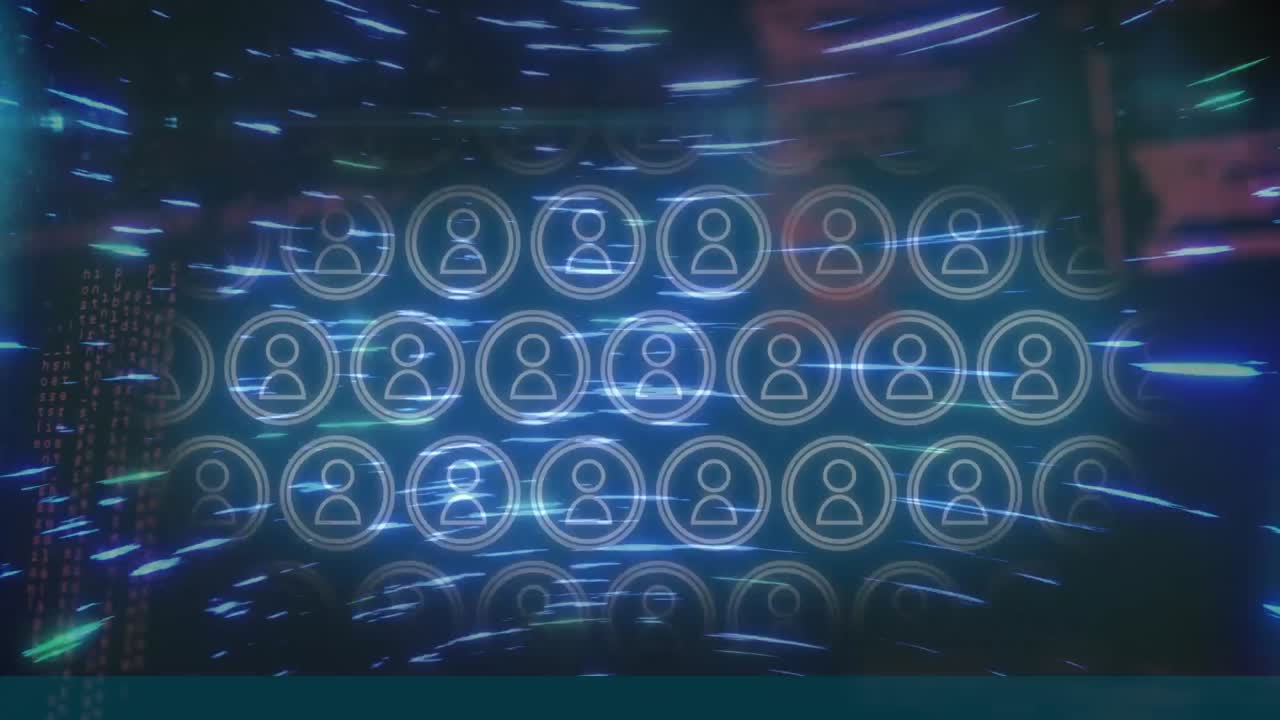 animación de iconos de perfil y lenguaje informático sobre el patrón de haz circular en el fondo
