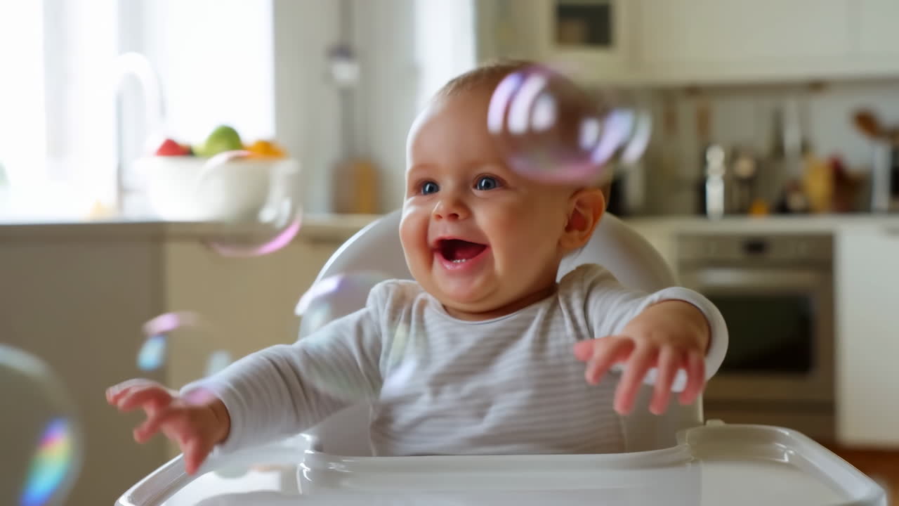 Baby i barnestol på kjøkkenet strekker seg etter bobler, ler og strekker hendene mot iriserende bobler, varm atmosfære