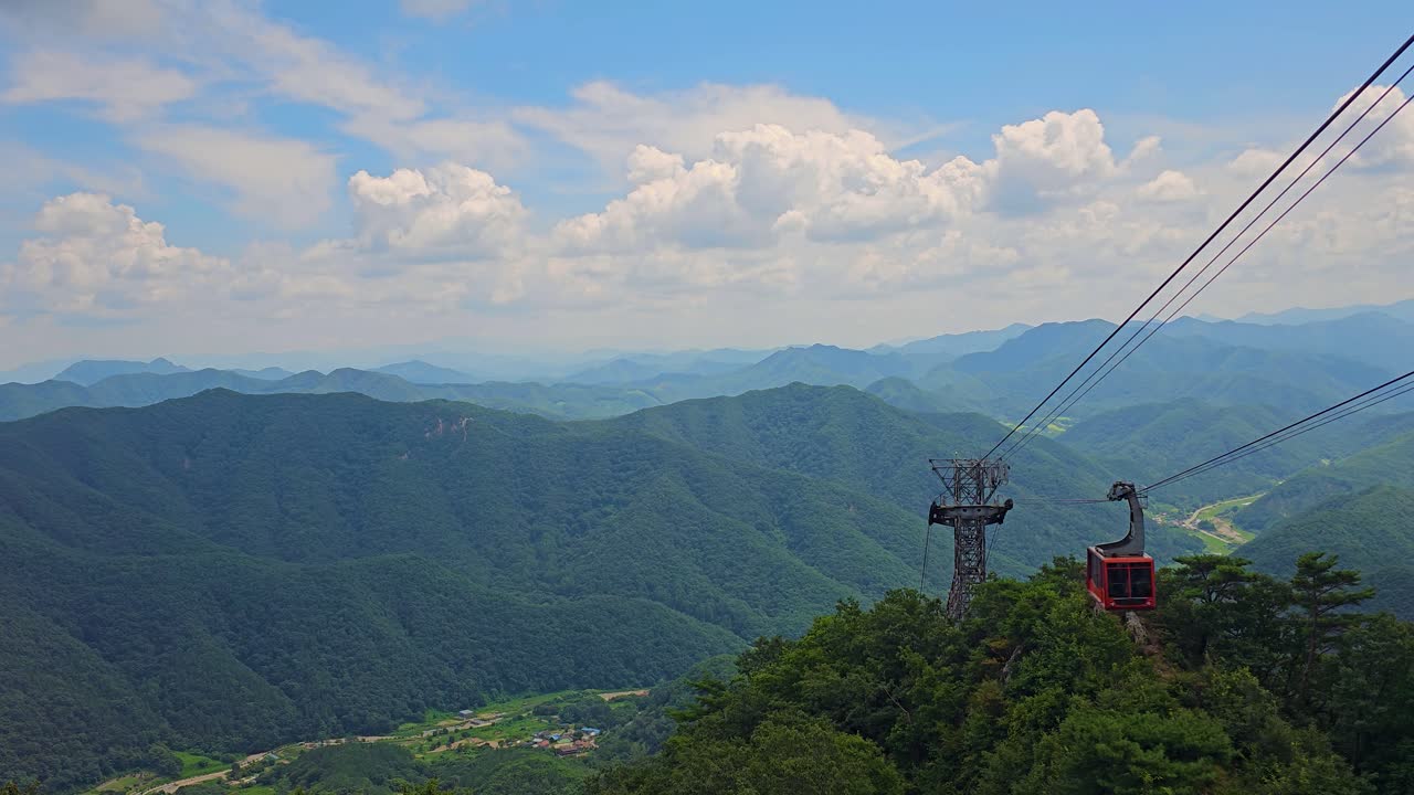 Daedunsan Cable Car Gondola Moving Above a Mountain Range National Park, South Korea - static shot