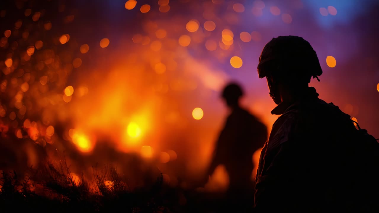 A firefighter stands vigilant in the foreground against a backdrop of intense flames, capturing the courage and dedication in the face of raging wildfires, illuminated by glowing embers and billowing smoke