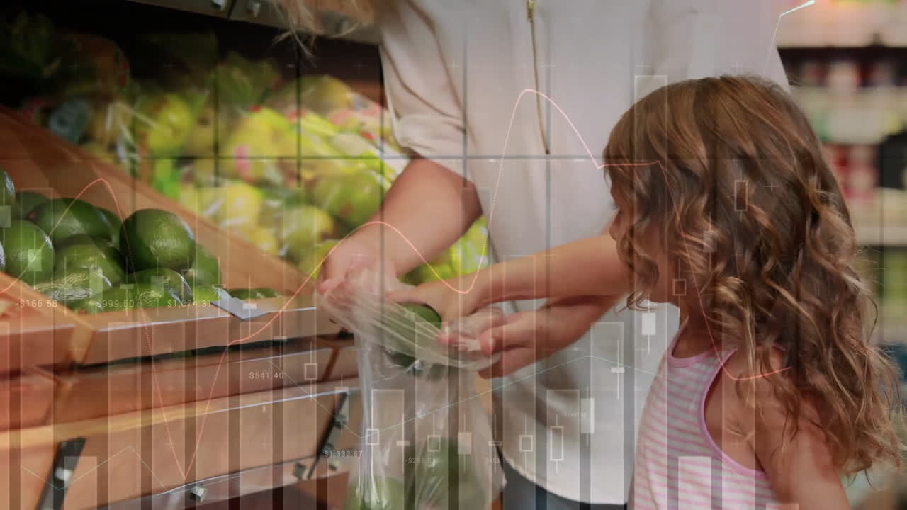 animación de procesamiento de datos financieros sobre madre caucásica con hija compras de comestibles