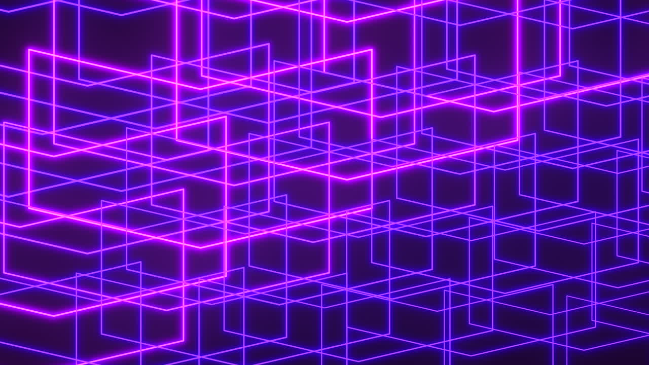 Futuristic neon purple geometric grid animation with glowing 3D wireframe cubes on a dark background, ideal abstract footage for technology, sci fi, music videos, stage screens and digital backdrops