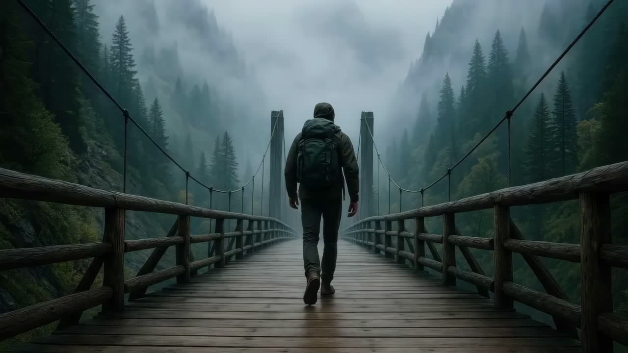 A person walks on a wooden bridge in a misty forest, captured from a rear angle