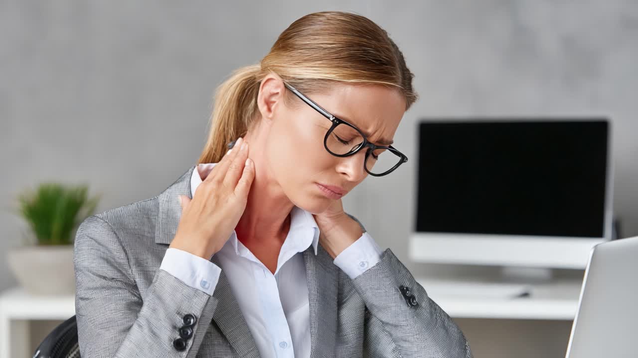 A Businesswoman Struggles with Neck Pain During Work Hours, Showing Visible Discomfort While Engaged with Her Computer in a Modern Office Environment