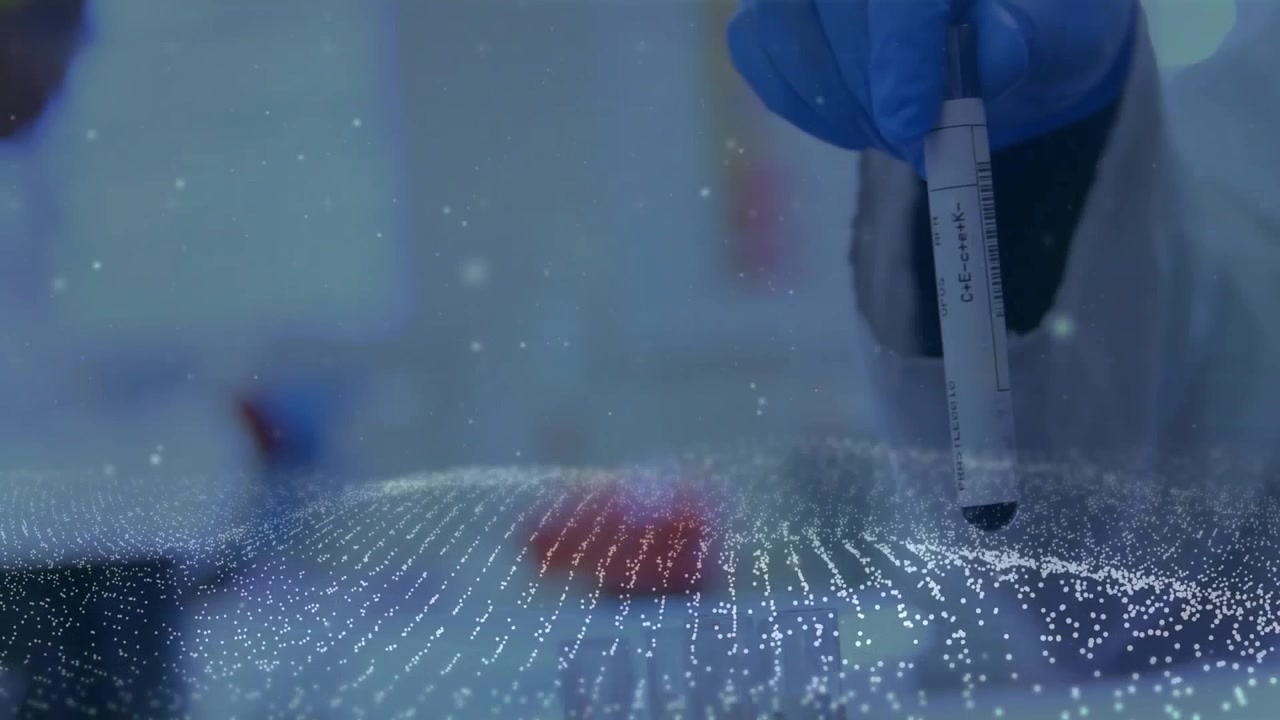 Blue-gloved lab scientist hand lowering tube at petri dish on bench holo grid pulsing for analysis