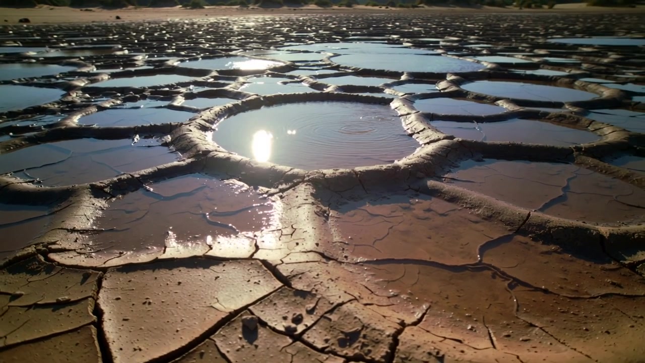 Advancing low cam to reveal centered circular pool on mudflat rimmed, pools, cracks, sun glinting
