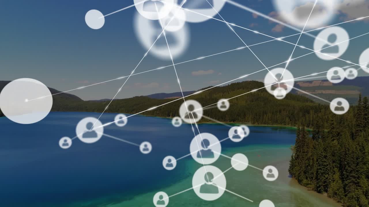 Første cirkel svæver over en bjergsø, starter knuder der forbinder og visualiserer netværk.