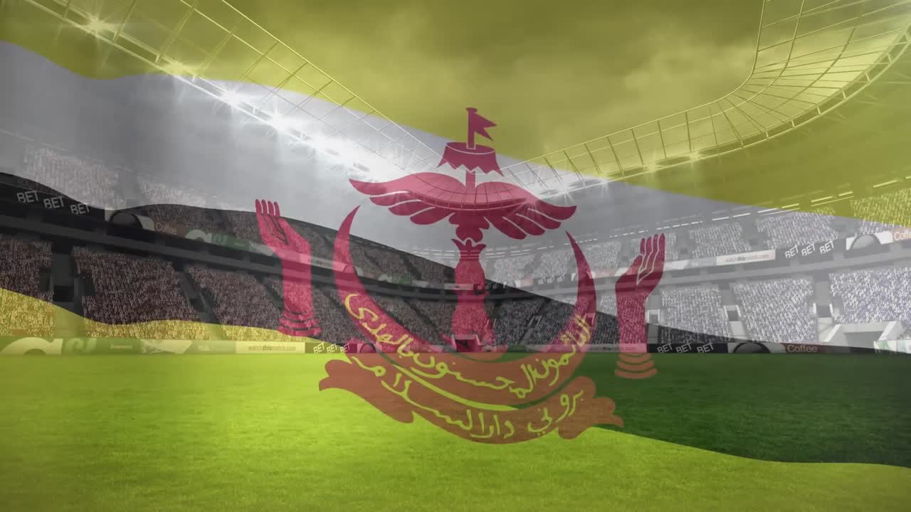 스포츠 스타디움의 풍경과 함께 브루나이 국기를 흔들고 있는 애니메이션