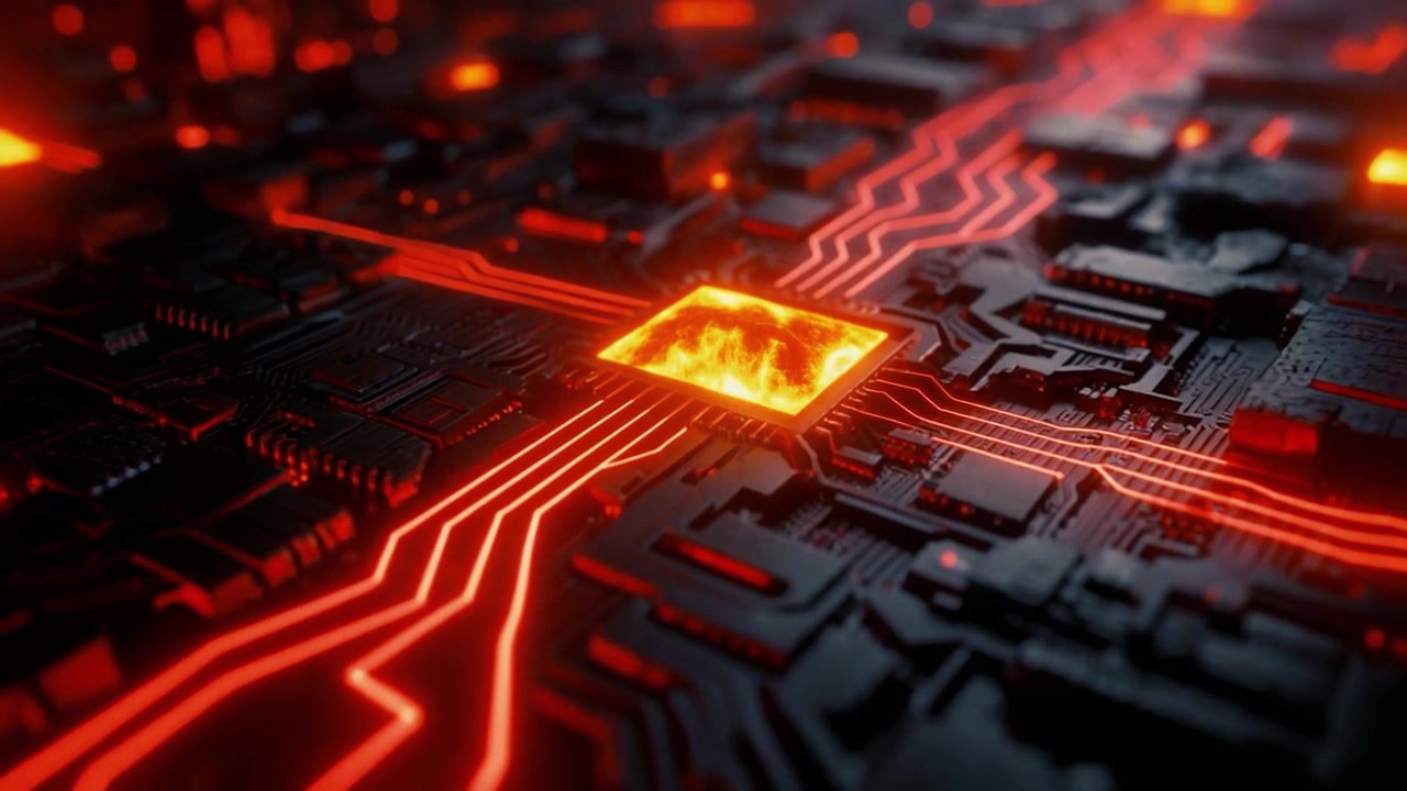Glødende rød datastrøm på futuristisk printkort