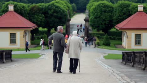 senior couple taking an unhurried walk along the park lane 1