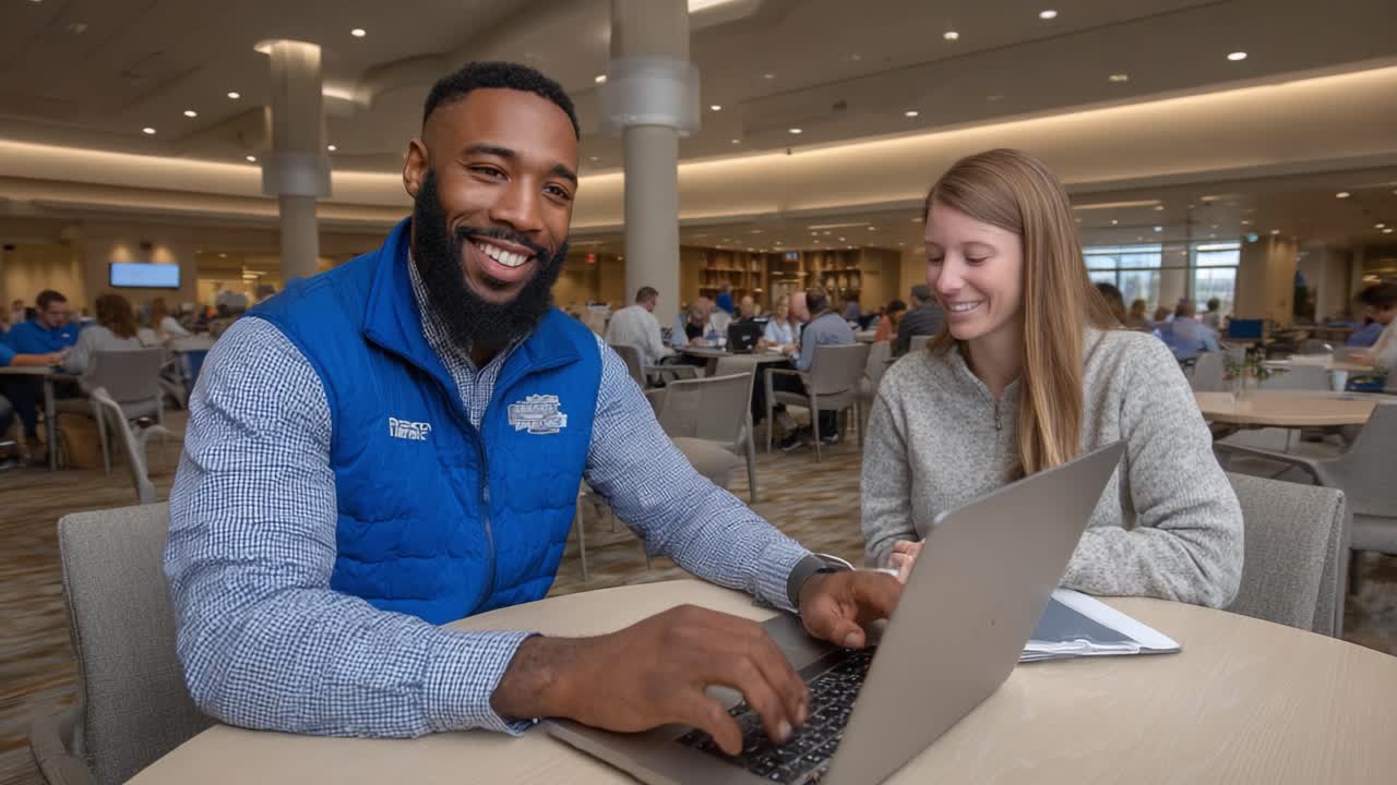 Engaging Collaboration: A Friendly Exchange Between Two Individuals at a Modern Workspace, Showcasing Teamwork and Technology in an Academic Environment