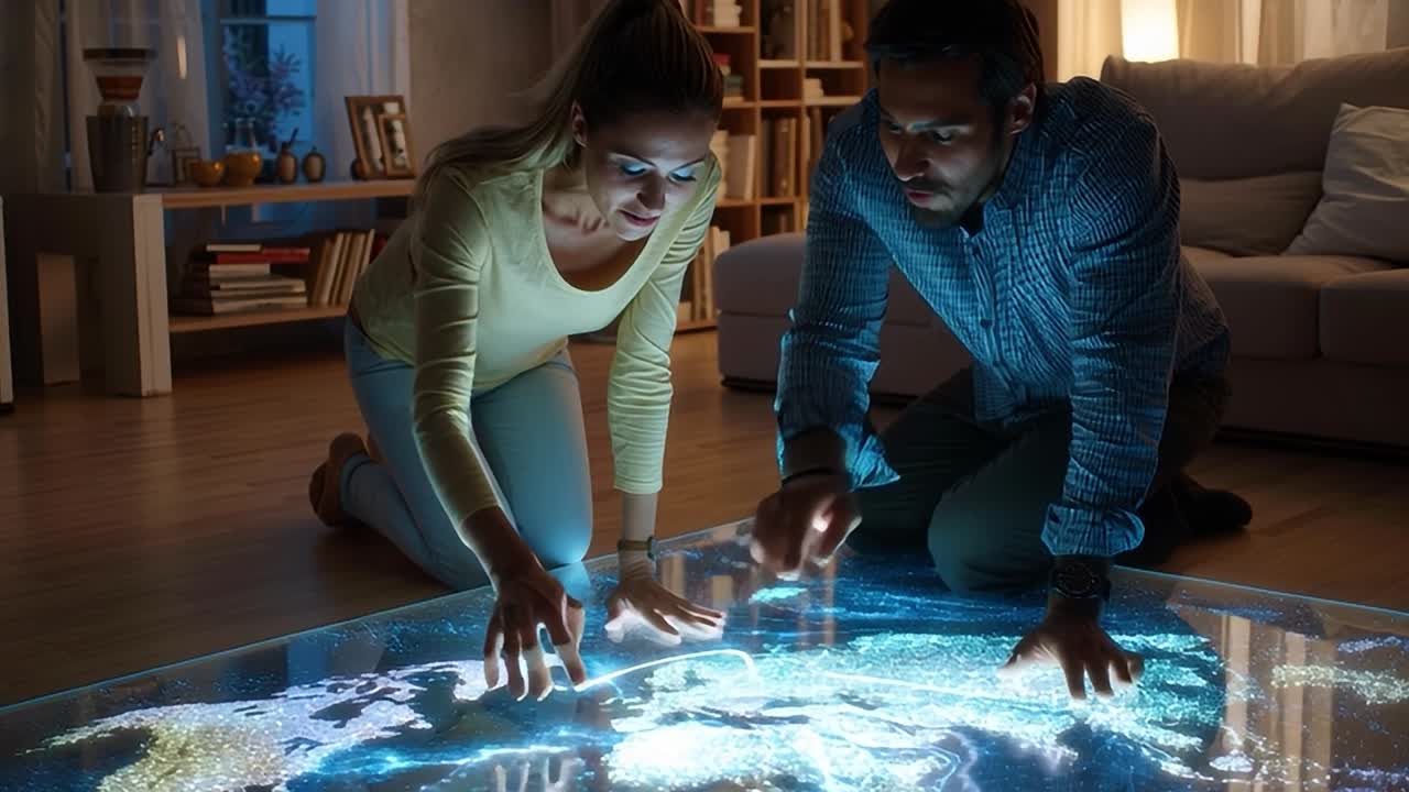 Couple explores interactive digital map on living room floor at night