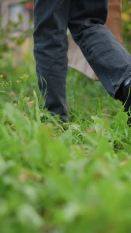 vista de la pierna de un niño en vaqueros oscuros y zapatillas negras caminando a través de la vegetación vibrante, sosteniendo una bolsa de papel marrón, rodeado de plantas exuberantes y follaje en un entorno natural al aire libre
