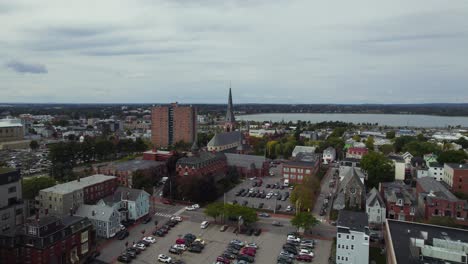 aerial view of portland city residential area parking lot and cathedral