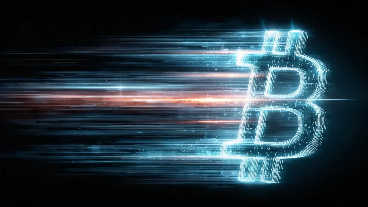A Dynamic Representation of Cryptocurrency Symbolism, Featuring the Bitcoin Logo Surrounded by Futuristic Light Trails Indicating Speed and Innovation in Digital Currency