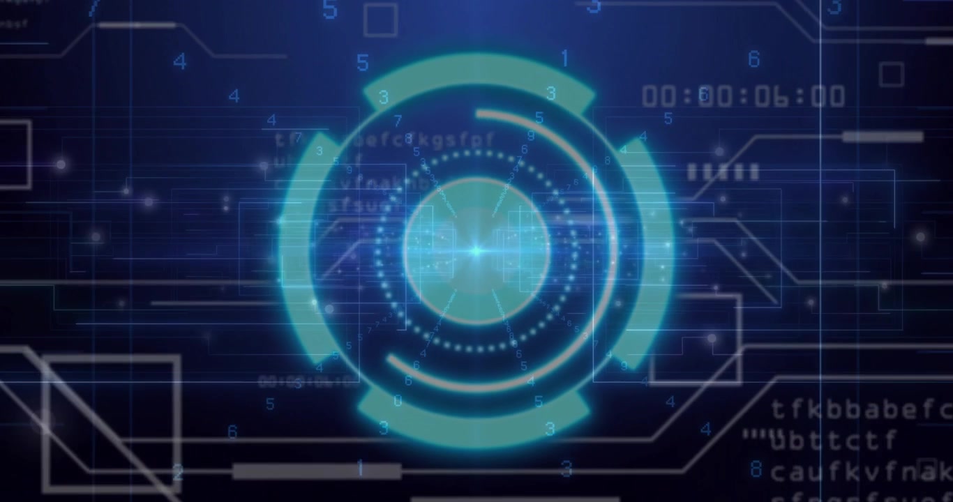 Circular GUI appearing on grid, rotating arcs, code stream, updating timer, looping countdown