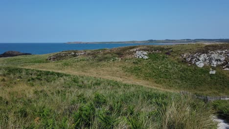 Panning-across-breezy-Llanddwyn-beach-grassland-to-Newborough-national-nature-reserve-forest-coastline