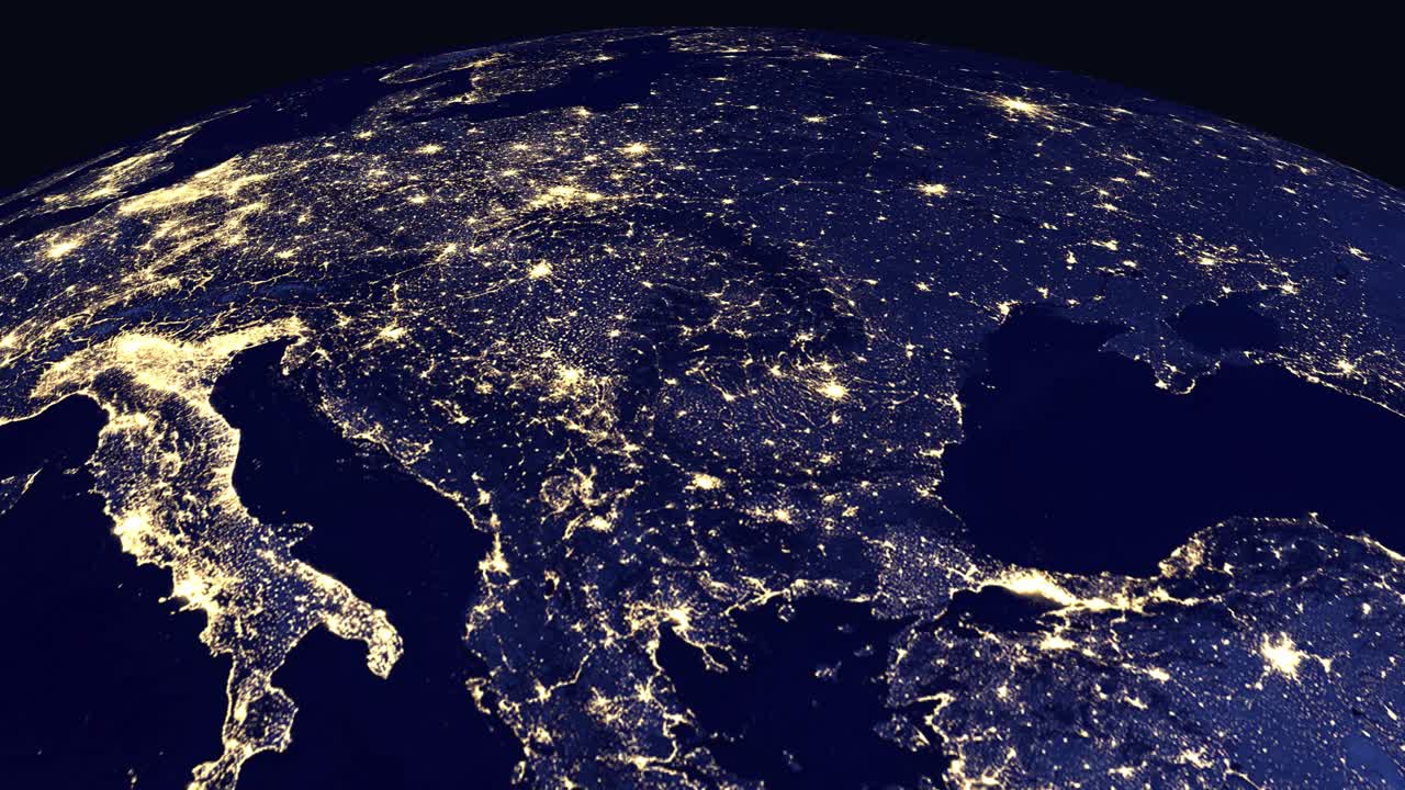 Digital globe rotates and zooms into illuminated night map of Belgrade and surrounding Balkan countries