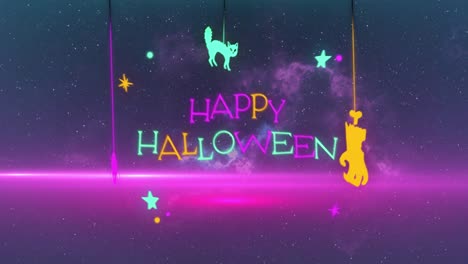 Animation-of-happy-halloween-neon-text-with-cat