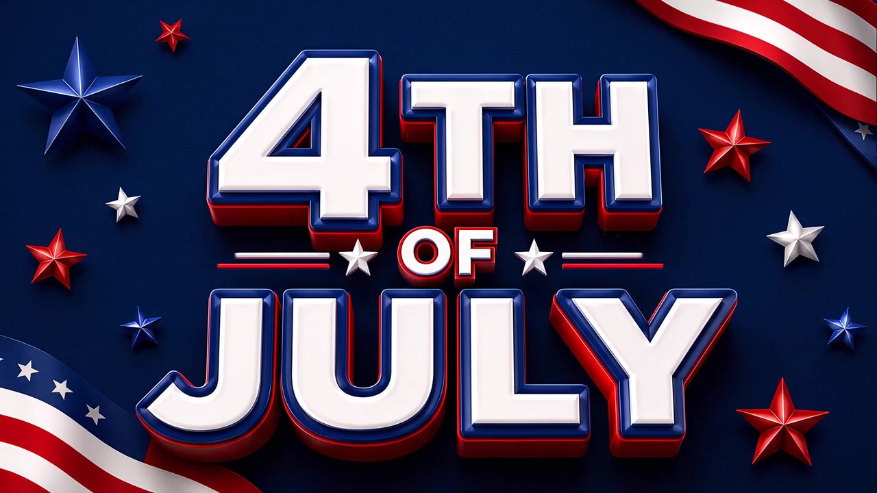 Bold Fourth of July holiday lettering with patriotic stars and waving American flag