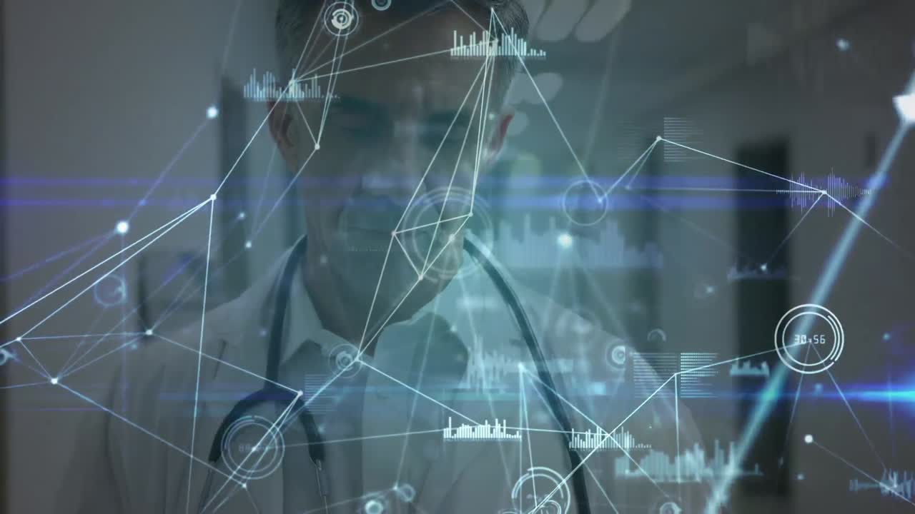 디지털 태블릿을 사용하는 백인 고위 남성 의사에 대한 연결 네트워크의 애니메이션