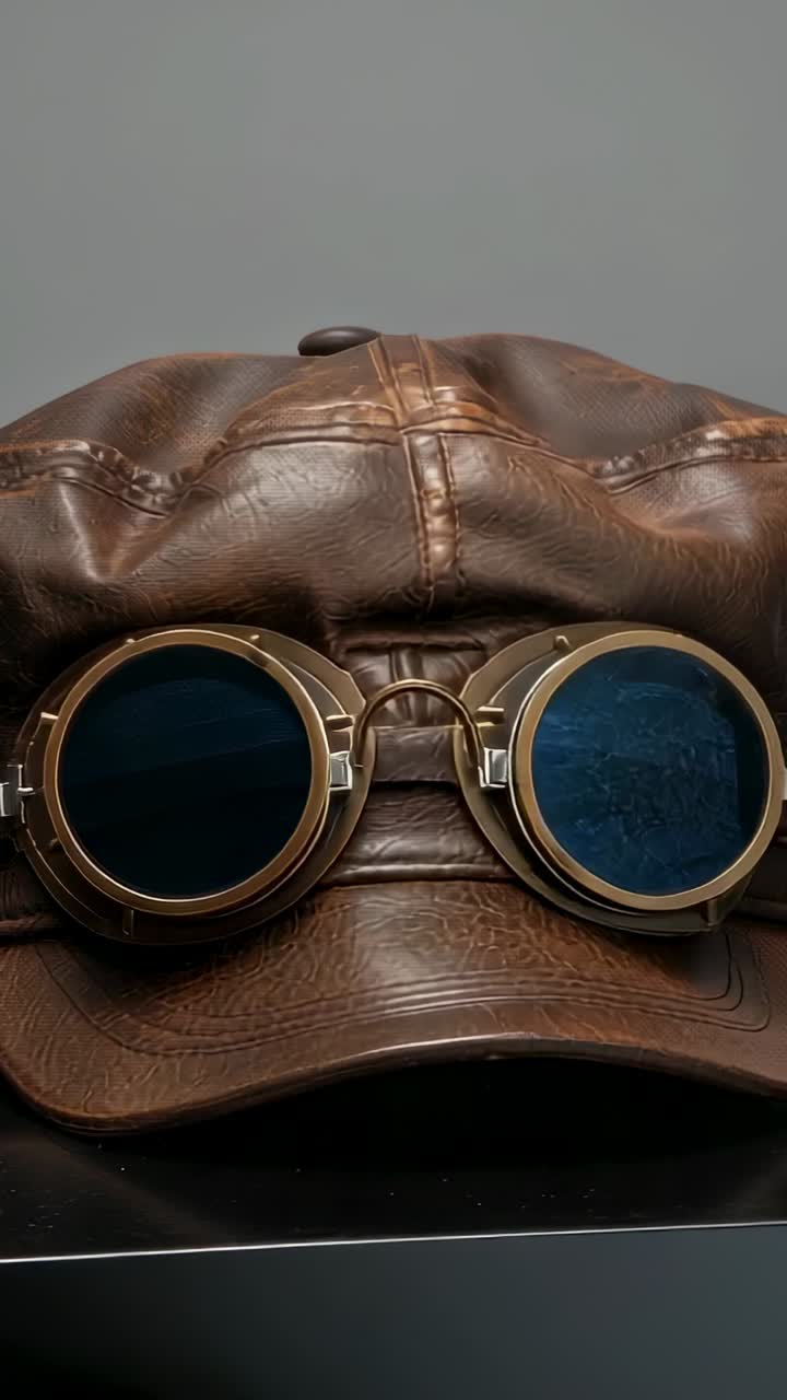 Vertical video: Moving camera bringing aviator cap with brass goggles into focus in studio