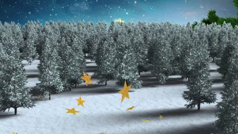 Animación-De-árboles-De-Navidad,-Estrellas-Y-Nieve-Cayendo-Sobre-Paisajes-Invernales.