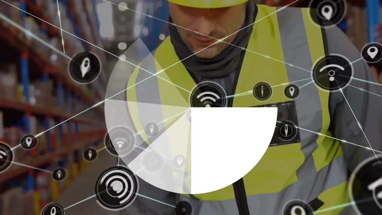 남성 백인 창고 노동자에 대한 연결 네트워크의 애니메이션