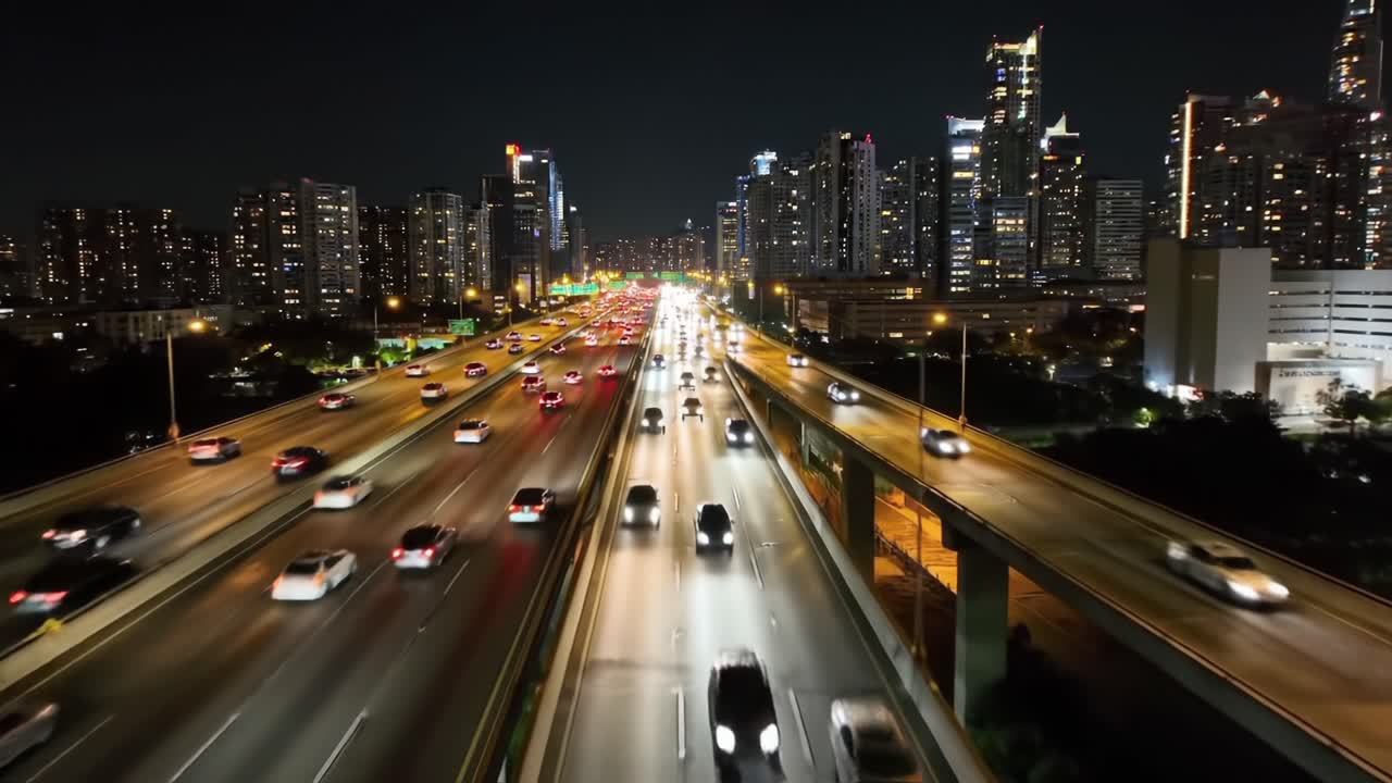 Illuminated Cityscape: A Nighttime View Over a Bustling Urban Highway with Flowing Traffic and Skyscrapers Under a Starlit Sky