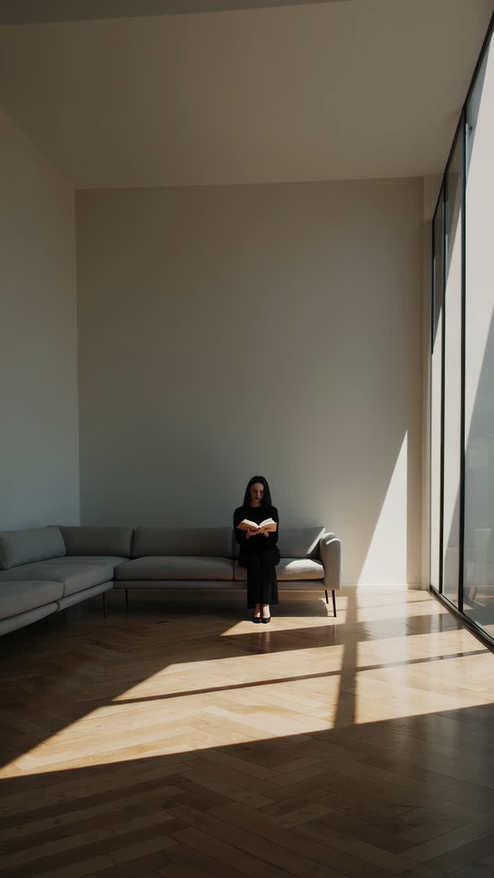 Woman Reading on a Sofa in a Modern Home