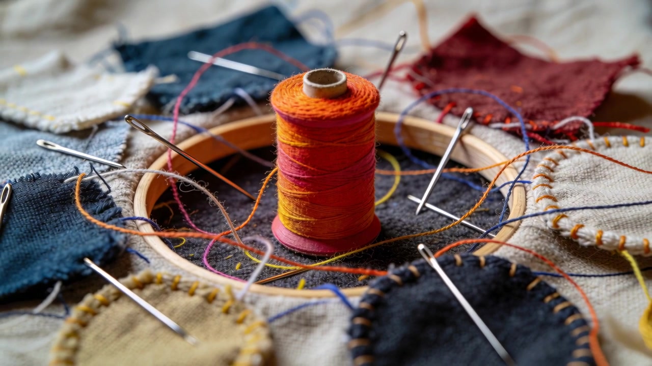 Moving camera revealing orange-pink spool in wood hoop on fabric mat showing stitching and needles