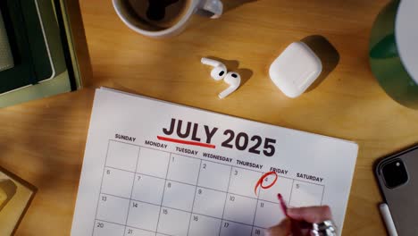july 2025 calendar with desk items
