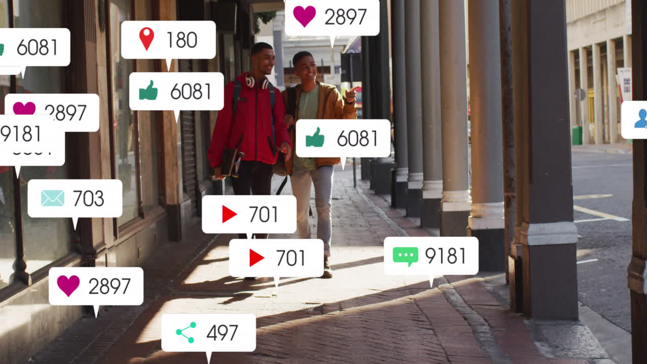 animación de múltiples barras de notificación sobre diversos amigos discutiendo mientras caminan por la calle