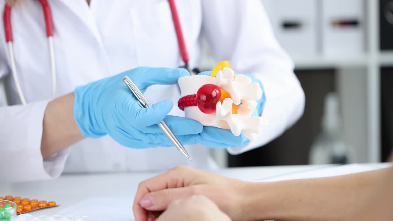 Médico señalando la inflamación de un disco artificial de la espalda.