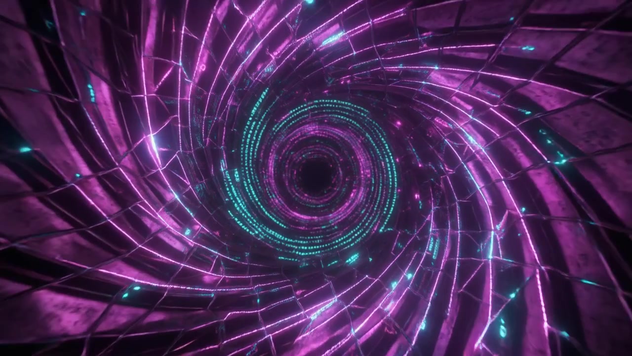 Abstract Digital Tunnel with Glowing Neon Lights and Geometric Patterns