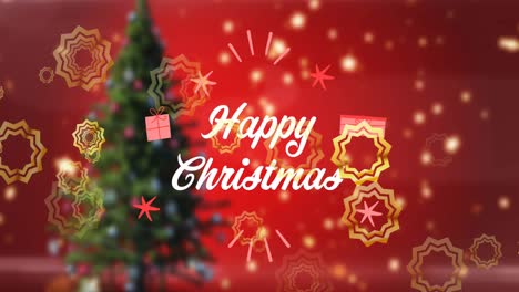 Animation-of-happy-christmas-text-in-white,-with-gold-stars-over-christmas-tree-on-red-background