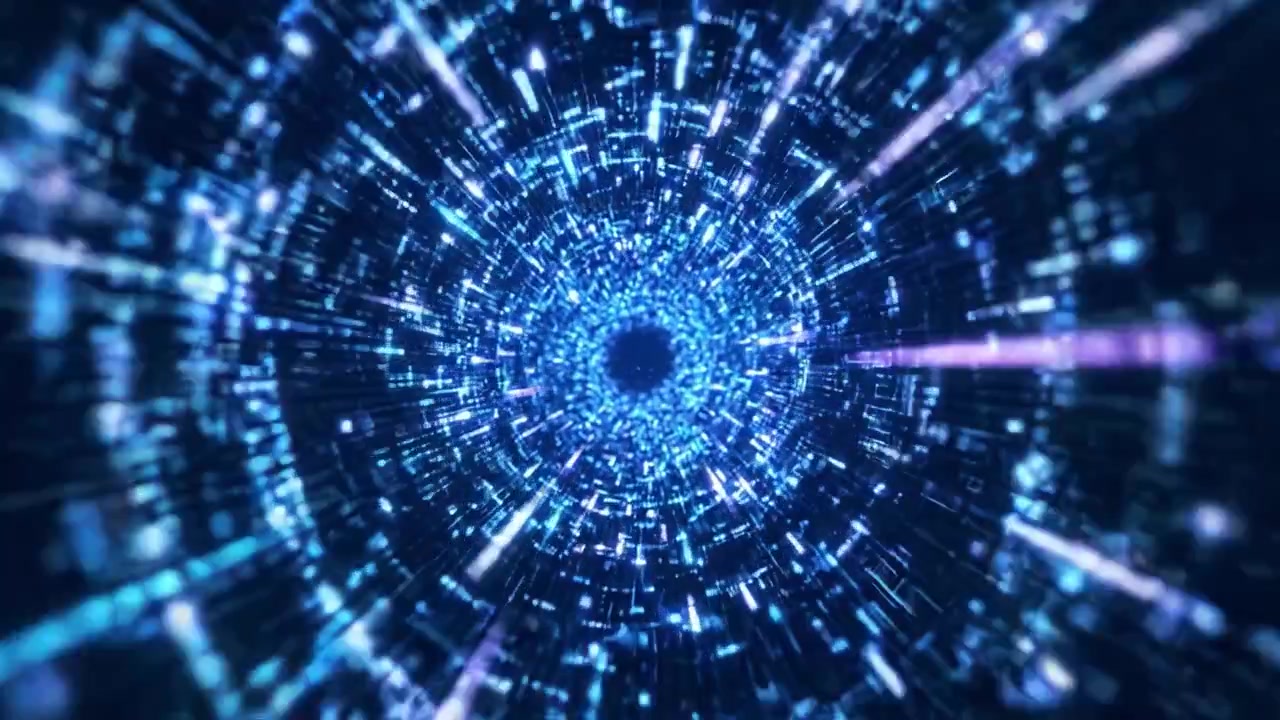A Hypnotic Journey Through a Digital Wormhole: Experience the Unfolding Patterns and Pulse of Light Traveling Through a Mesmerizing Void of Endless Blue Data Streams