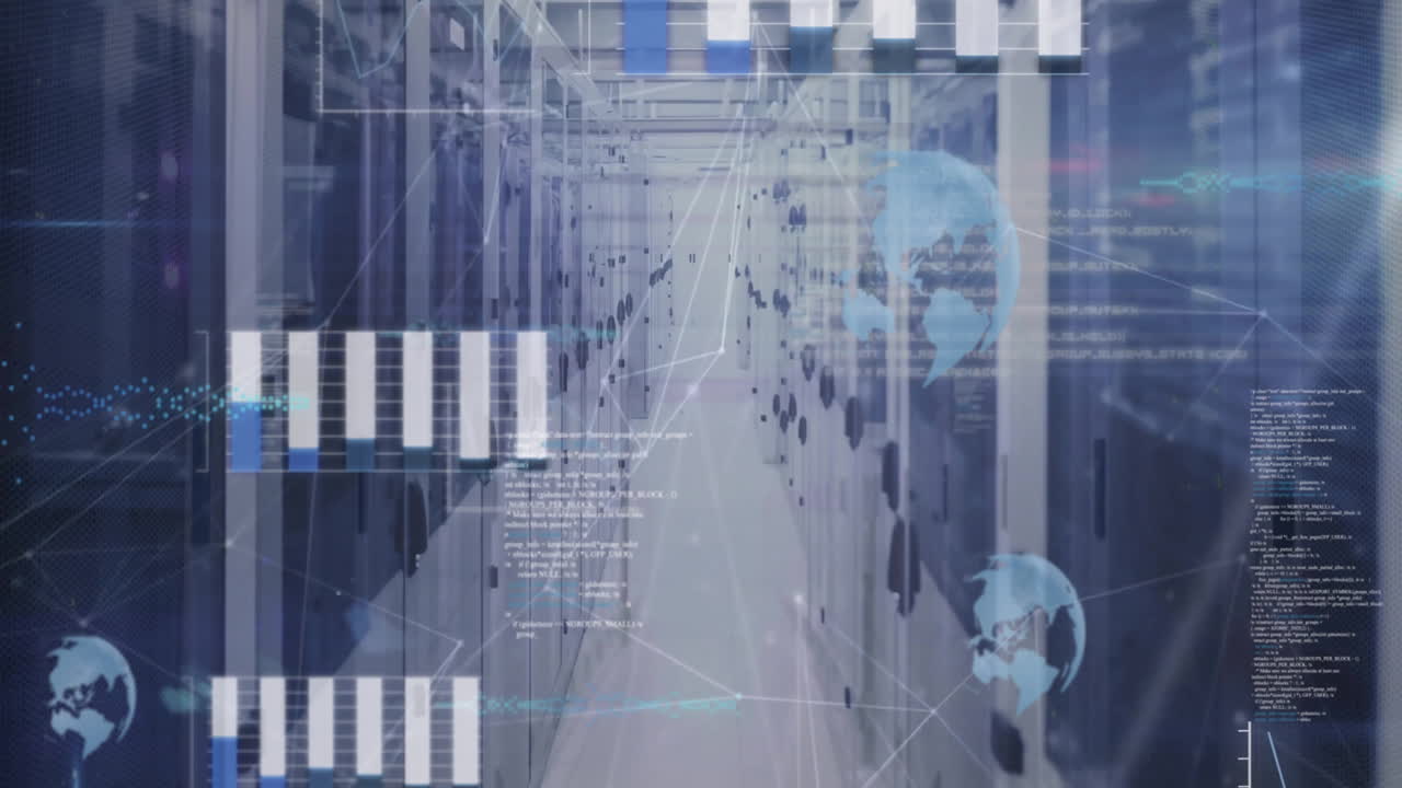 Animation of data processing and network of connections over server room