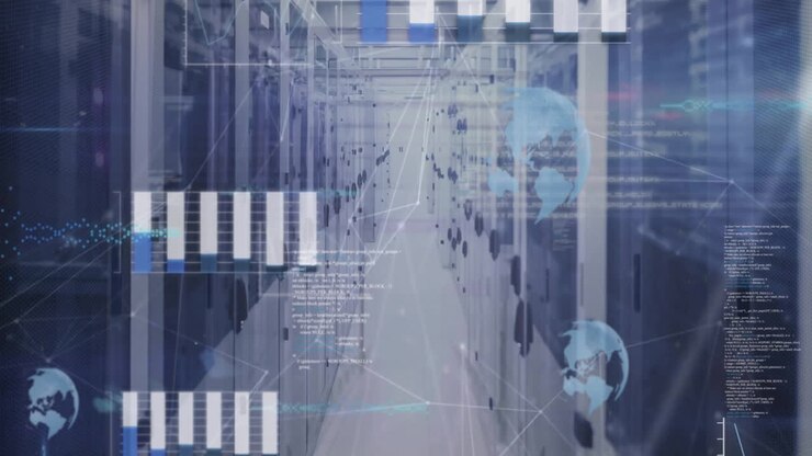 Animation of data processing and network of connections over server room