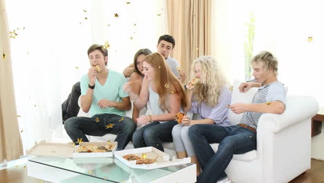 eating pizza and laughing, friends on couch with falling stars animation