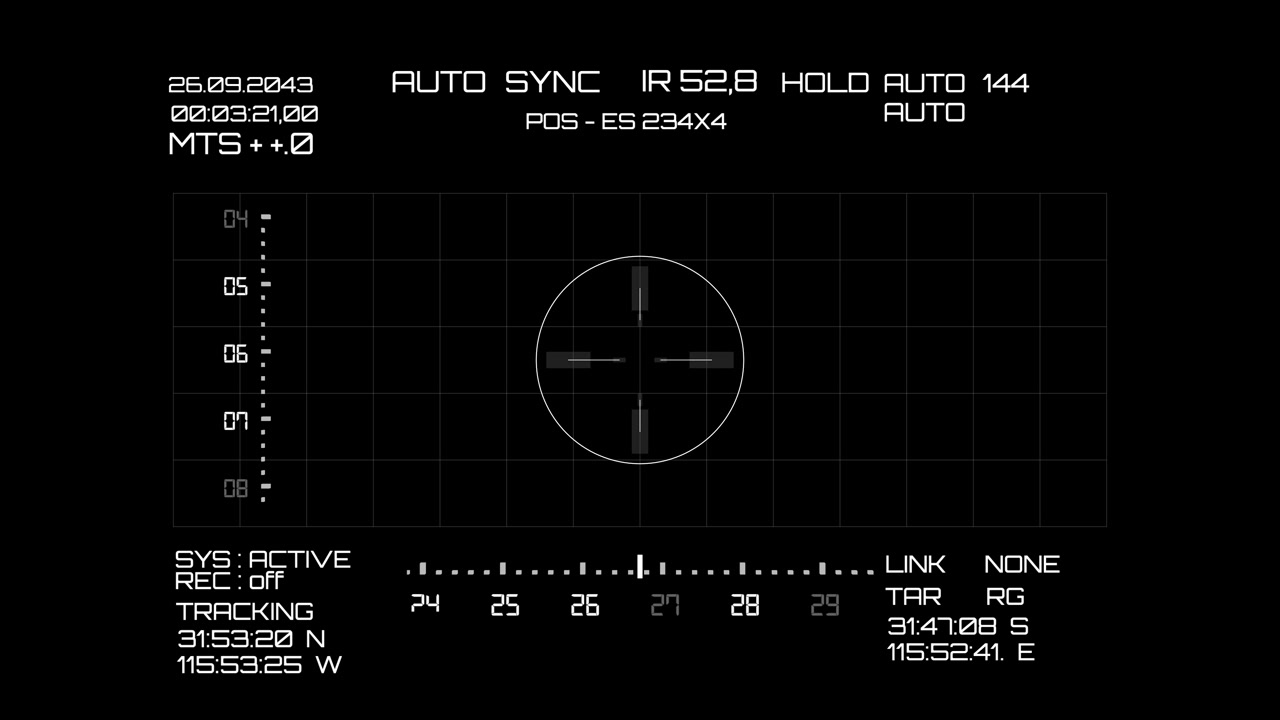 A monochrome tactical tracking HUD with a white grid surveillance interface displaying crosshairs, telemetry, and targeting data.